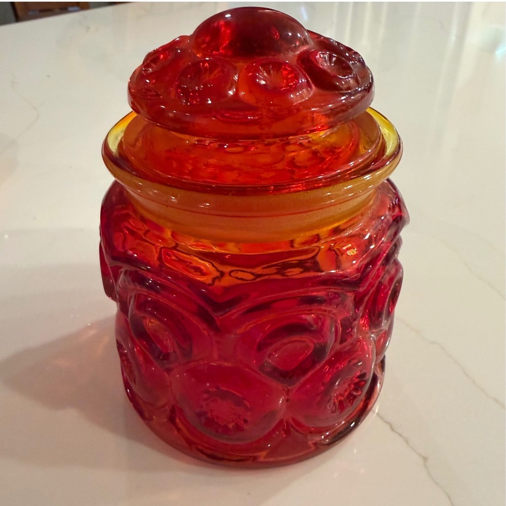 LE Smith Amberina Glass Moon and Stars Canister Jar with Lid Red Orange Vintage